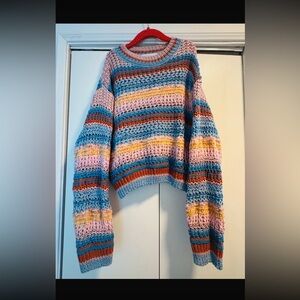 Zara Striped Open-Knit Scoop Neck Sweater in Blue, Pink, Yellow, Rust